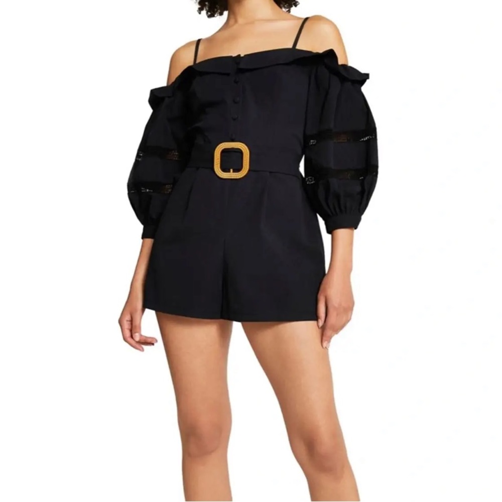 River Island Romper Black Belted Off Shoulder 3/4 Sleeve 14